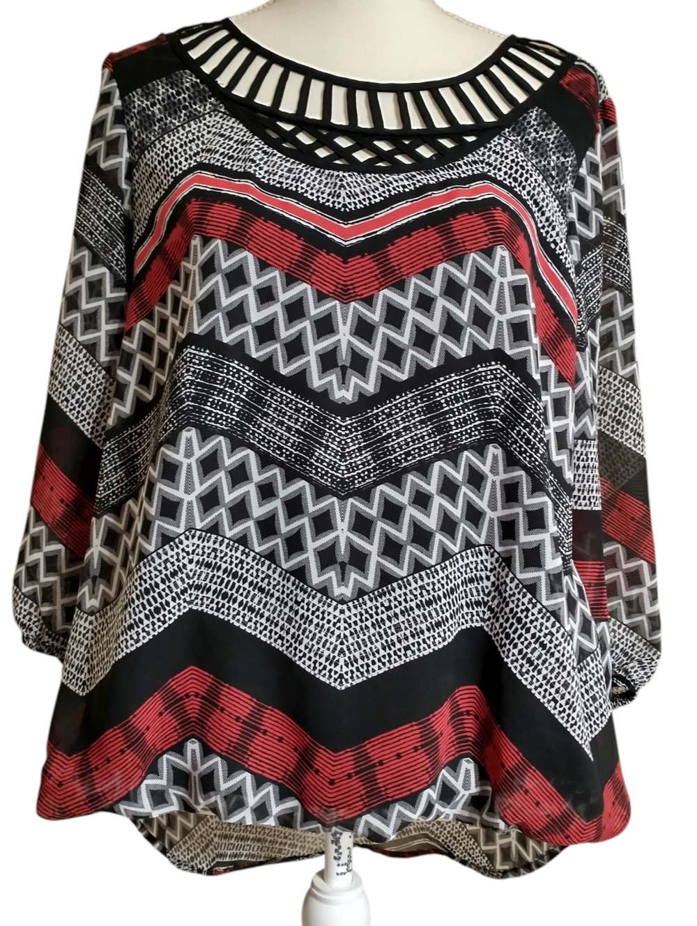 Geometric Blouse With Lattice Front Detail